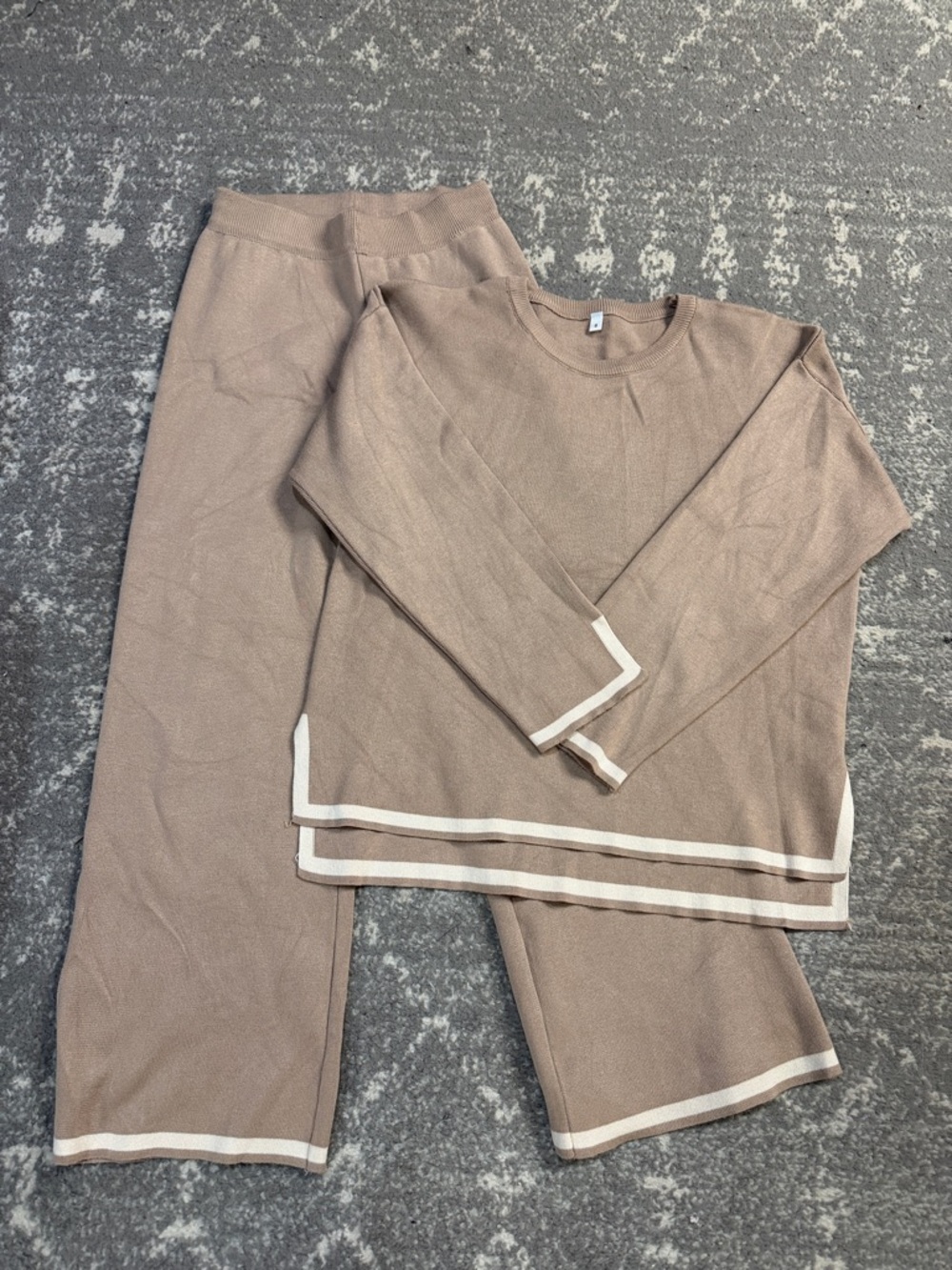 Taupe Women's Sweater Set with Cream Trim